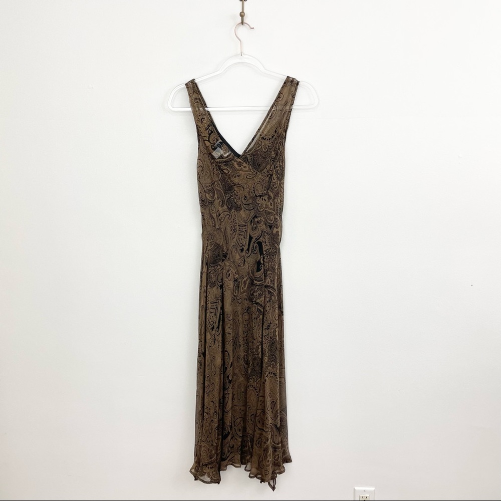 Vintage 90s Brown and Black Paisley Silk Handkerchief Midi Dress - Picture 4 of 5